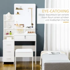 HOMCOM Schminktisch Mit Hocker, Kosmetiktisch Mit Spiegel, Frisiertisch Mit Schubladen, Ablagen, Frisierkommode Mit Anti-Kipp-Schutz Für Schlafzimmer, Weiß, 80 X 38 X 143cm 14 HOMCOM Schminktisch Mit Hocker, Kosmetiktisch Mit Spiegel, Frisiertisch Mit Schubladen, Ablagen, Frisierkommode Mit Anti-Kipp-Schutz Für Schlafzimmer, Weiß, 80 X 38 X 143cm -Homcom 3a2618f5dc96e702029d0719eedd870a