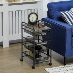 HOMCOM Rollwagen, Küchenwagen Mit 4 Körben, Aufbewahrungsregal Mit Rollen, Haushaltregal, Servierwagen Für Schlafzimmer, Wohnzimmer, Stahl, Schwarz, 41,5 X 31 X 66 Cm -Homcom 3a3f4ae06fc13768d40b32738d79f8be