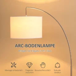 HOMCOM Bogenlampe Stehlampe Wohnzimmer Stehleuchte 40W Moderne Bogenleuchte Mit E27 Fassung Schirm Für Schlafzimmer Büro Elegant Weiß+Silber 90 X 38 X 183 Cm -Homcom 3a536edc2b5468ee1cb769a18378095a