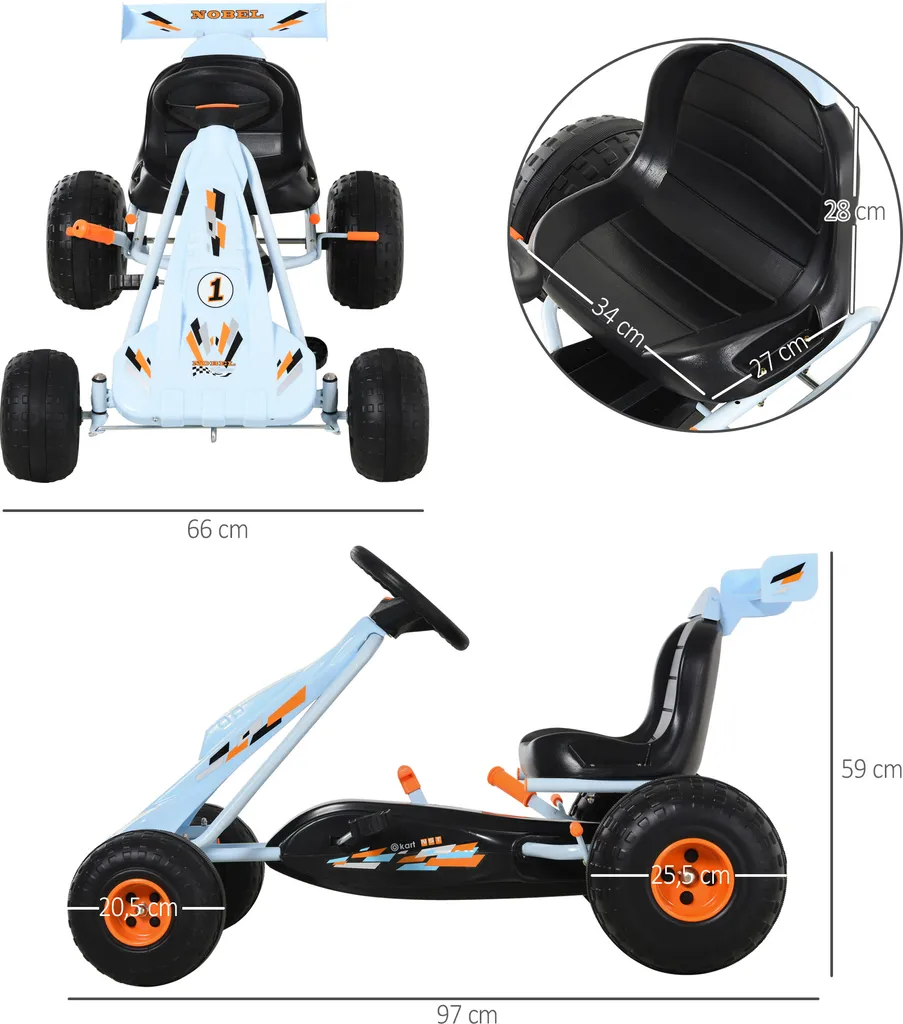 HOMCOM Go Kart Kinderfahrzeug Tretauto Mit Pedal Bremsen Gokart Mit Verstellbarem Sitz Kinderspielzeug Ab 3 Jahre Stahl Hellblau 97 X 66 X 59 Cm 5 HOMCOM Go Kart Kinderfahrzeug Tretauto Mit Pedal Bremsen Gokart Mit Verstellbarem Sitz Kinderspielzeug Ab 3 Jahre Stahl Hellblau 97 X 66 X 59 Cm – Bild 3
