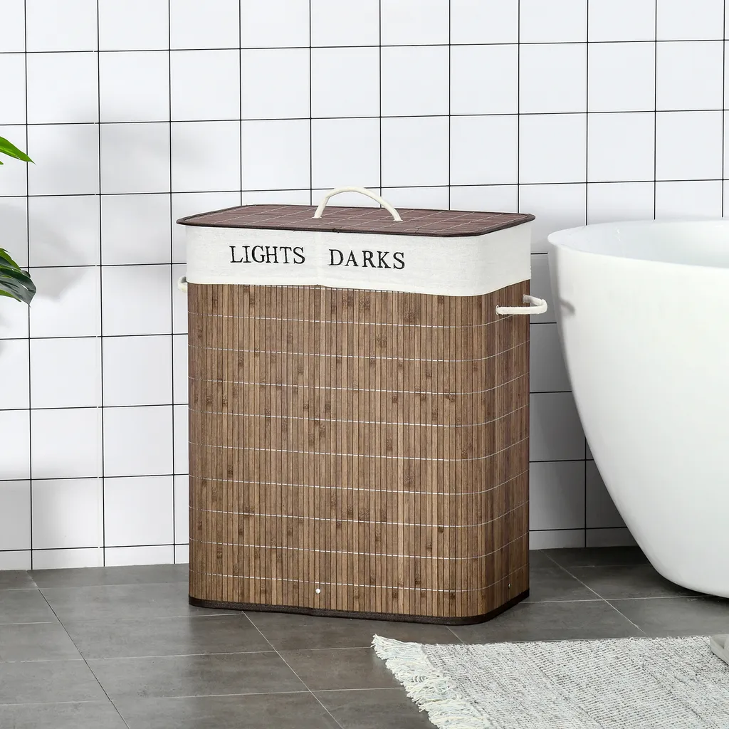 HOMCOM 100L Wäschekorb Wäschebox Wäschesammler Mit 3 Griffe Mit Waschbarem Wäschesack Abnehmbar Bambus Polyester Baumwolle Metall Braun+Weiß 52 X 32 X 63 Cm 4 HOMCOM 100L Wäschekorb Wäschebox Wäschesammler Mit 3 Griffe Mit Waschbarem Wäschesack Abnehmbar Bambus Polyester Baumwolle Metall Braun+Weiß 52 X 32 X 63 Cm – Bild 2