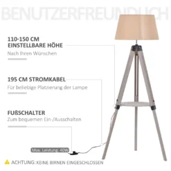 HOMCOM Stehlampe Mit Regal, Standleuchte, Höhenverstellbare Lampe, Stahl, Polyester, Baumwolle, Vintage, Natur, Beige, 63 X 63 X 110-150 Cm -Homcom 40cbbb585985710e9da42078da32bc75