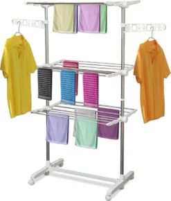 HOMCOM Mobiler Wäscheständer Wäschetrockner Kleiderständer 3 Ebenen Klappbar Rolle 80-142 X 55 X 152 Cm