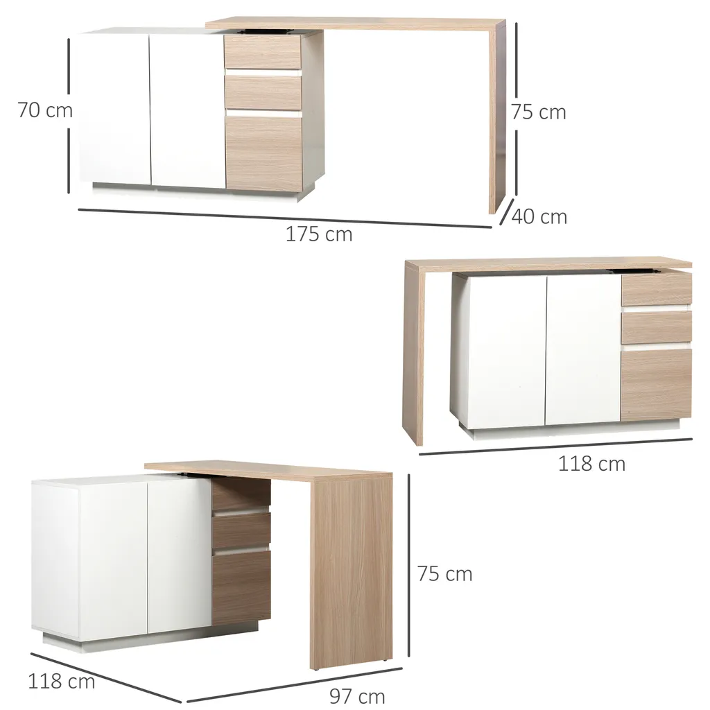 HOMCOM Eckschreibtisch, 360° Drehbarer Arbeitstisch, L-förmiger Schreibtisch Mit Schrank Und Schubladen, Computertisch, Platzsparender Bürotisch, Weiß+Eiche, 118 X 97 X 75 Cm 5 HOMCOM Eckschreibtisch, 360° Drehbarer Arbeitstisch, L-förmiger Schreibtisch Mit Schrank Und Schubladen, Computertisch, Platzsparender Bürotisch, Weiß+Eiche, 118 X 97 X 75 Cm – Bild 3