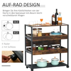 HOMCOM Küchenwagen Küchenrollwagen Servierwagen 3-stöckige Küchenregal Industrie-Design Mit Verstellbaren Füßen Rustikales Braun 80 X 40 X 90 Cm -Homcom 41187b6ccceef72be37bd9035e905047