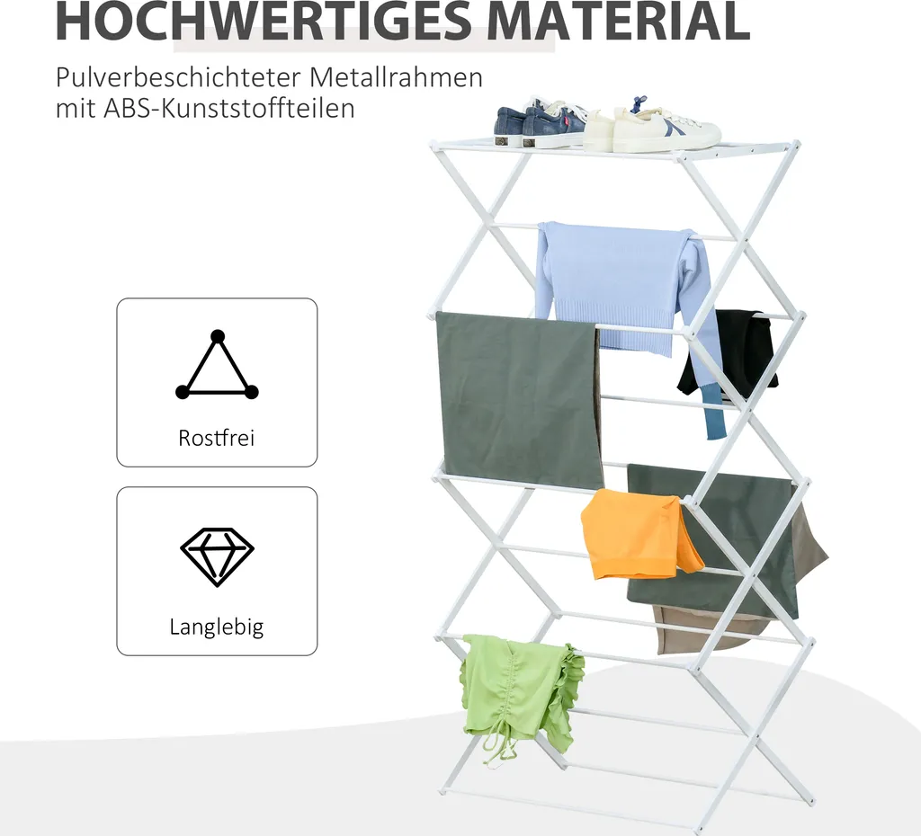 HOMCOM Wäscheständer Faltbar 8-stufiger Trockengestell Trockenständer Metall Kunststoff Weiß 74 X 35 X 144 Cm 7 HOMCOM Wäscheständer Faltbar 8-stufiger Trockengestell Trockenständer Metall Kunststoff Weiß 74 X 35 X 144 Cm – Bild 5