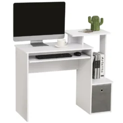 HOMCOM Computertisch, Schreibtisch, Bürotisch, Gamingtisch, PC-Tisch Mit Tastaturablage, Schublade, E1 Spanplatte, Weiß, 100 X 40 X 86,6 Cm