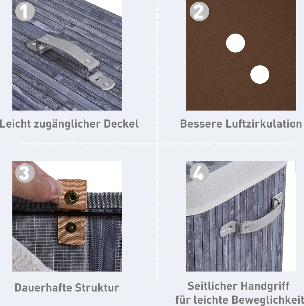 HOMCOM Wäschekorb Wäschebox Wäschesammler Mit Deckel Segeltuchsack Waschbarem Wäschesack Mit Griffen Segeltuch + Bambus Grau100L 52 X 32 X 63 Cm 6 HOMCOM Wäschekorb Wäschebox Wäschesammler Mit Deckel Segeltuchsack Waschbarem Wäschesack Mit Griffen Segeltuch + Bambus Grau100L 52 X 32 X 63 Cm – Bild 4