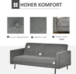 HOMCOM Schlafsofa 3-Sitzer Schlafcouch Stoffsofa Sofa Mit Schlaffunktion Bettsofa Mit Verstellbarer Winkel Vintage Eukalyptusholz Baumwolle Grau -Homcom 4851ed14a5cf052eb9fd11a9be01c0b2