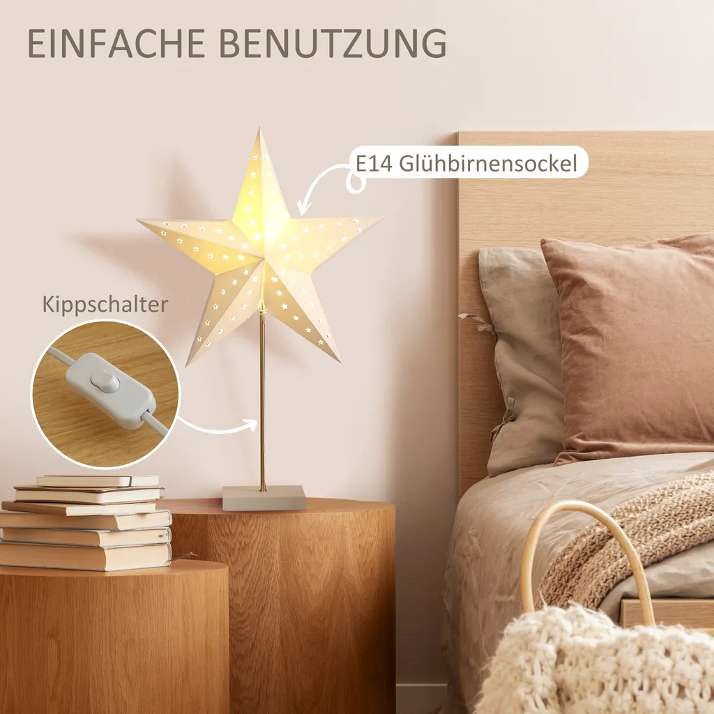 HOMCOM Tischlampe Stern Weihnachtsstern Lampe Papierstern Lampe Tischleuchte 5 Zacken 71 Cm Leuchtstern Weihnachtsdekoration Weiß+Gold 8 HOMCOM Tischlampe Stern Weihnachtsstern Lampe Papierstern Lampe Tischleuchte 5 Zacken 71 Cm Leuchtstern Weihnachtsdekoration Weiß+Gold – Bild 6