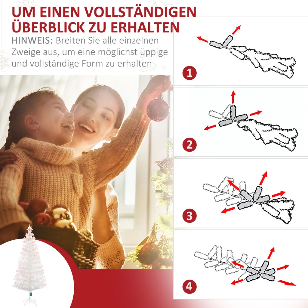 HOMCOM Weihnachtsbaum 1,2 M Christbaum Kunsttanne 130 Zweige Mit RGB Led-Leuchten Metallfuß PVC Weiß Ø45 X 120H Cm 9 HOMCOM Weihnachtsbaum 1,2 M Christbaum Kunsttanne 130 Zweige Mit RGB Led-Leuchten Metallfuß PVC Weiß Ø45 X 120H Cm – Bild 7