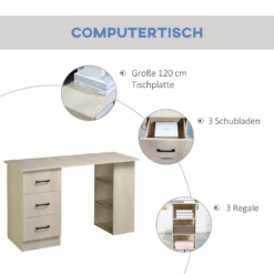 HOMCOM Schreibtisch Computertisch Bürotisch Arbeitstisch Regal Mit 3 Schubladen Regale Natur 120 X 49 X 72 Cm -Homcom 51adc2d957d33aff6e15d114fea0b6fa