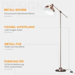 HOMCOM Stehlampe, Industrielle Stehleuchte Mit Verstellbarem Schirm, Standleuchte E27 Fassung, Metall, Rotbronze, 68,5 X 25 X 148cm -Homcom 5216f7c536cf1000a99615a9ab94dfcd