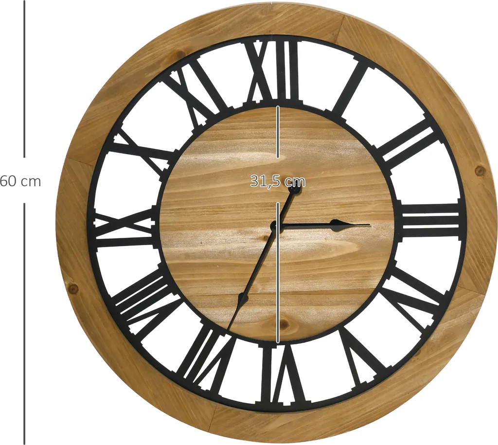 HOMCOM Wanduhr 60 Cm Mit Römischen Ziffern, Uhrwerk Im Vintage-Design, Geräuschlose Dekoration Für Wohnzimmer Küche Metall Tannenholz Schwarz+Natur 5 HOMCOM Wanduhr 60 Cm Mit Römischen Ziffern, Uhrwerk Im Vintage-Design, Geräuschlose Dekoration Für Wohnzimmer Küche Metall Tannenholz Schwarz+Natur – Bild 3