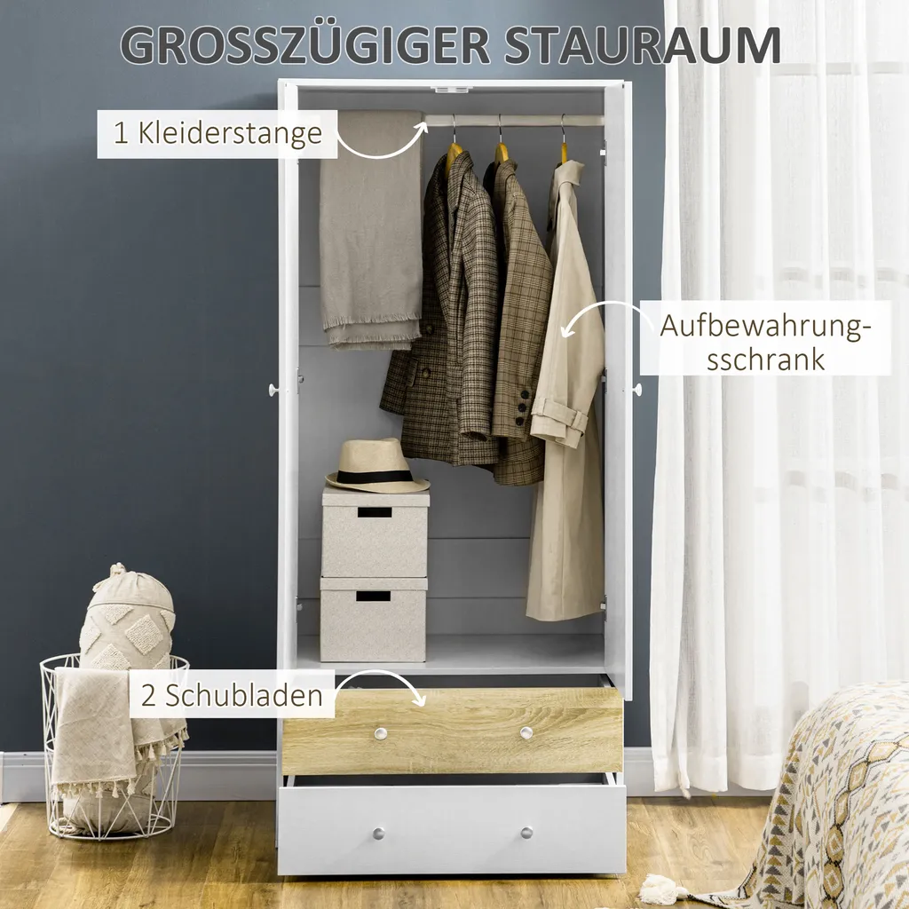 HOMCOM Kleiderschrank, Drehtürenschrank Mit 2 Schubladen, Schrank Mit Türen, Garderobenständer Mit Kippschutz Für Wohnzimmer, Schlafzimmer, Weiß, 80 X 50 X 180cm 6 HOMCOM Kleiderschrank, Drehtürenschrank Mit 2 Schubladen, Schrank Mit Türen, Garderobenständer Mit Kippschutz Für Wohnzimmer, Schlafzimmer, Weiß, 80 X 50 X 180cm – Bild 4