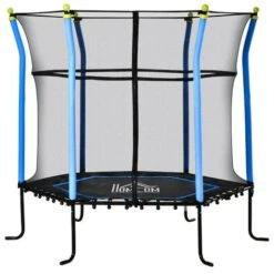 HOMCOM 5,3FT Trampolin Für Kinder Gartentrampolin Mit Sicherheitsnetz Randabdeckung Gummiseil Gepolstert Fitness-Trampolin Mini-Trampoline Mit Netz Stahl Blau 163,5H Cm Bis 60 Kg