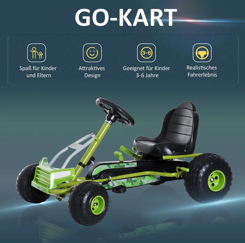 HOMCOM Kinder Go Kart Tretauto Tretfahrzeug Kinderfahrzeug Mit Verstellbarem Sitz Pedalfahrzeug Mit Handbremse Ab 3 Jahren Grün 95 X 66,5 X 57cm 6 HOMCOM Kinder Go Kart Tretauto Tretfahrzeug Kinderfahrzeug Mit Verstellbarem Sitz Pedalfahrzeug Mit Handbremse Ab 3 Jahren Grün 95 X 66,5 X 57cm – Bild 4