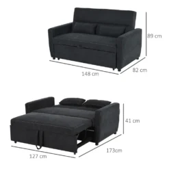 HOMCOM Schlafsofa, Klappsofa, 2-Sitzer Stoffsofa, Bettsofa, Sofa Mit Schlaffunktion, Sofagarnitur, Verstellbarer Winkel, Schwarz, 148 X 82 X 89 Cm -Homcom 54e5ada373be3f6dd9faea6e8b34e6e5