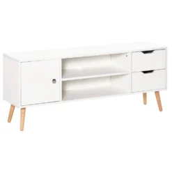 HOMCOM TV Lowboard Fernsehtisch Fernsehschrank Mit Schrank 2 Schubladen Holzfüße Wohnzimmer Weiß 120 X 28 X 44 Cm