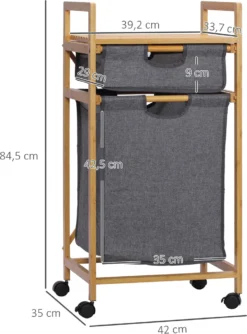 HOMCOM Wäschekorb Wäschebox Mit 2 Stoffbeutel Wäschesack Wäschesammler Mit Rollen Aufbewahrungskorb Bambus Naturholz+Grau 42 X 35 X 84,5 Cm -Homcom 5977eedb9a1308b0caa25103102a9fc1
