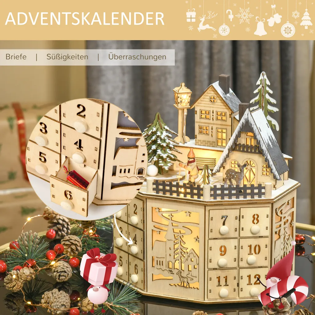 HOMCOM Weihnachts-Adventskalender Mit 24 Zugkästen Weihnachtskalender Mit LED-Lichtern Adventskalenderbox Sperrholz-Platte Naturholz 25 X 20 X 29 Cm 6 HOMCOM Weihnachts-Adventskalender Mit 24 Zugkästen Weihnachtskalender Mit LED-Lichtern Adventskalenderbox Sperrholz-Platte Naturholz 25 X 20 X 29 Cm – Bild 4