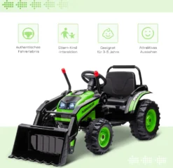 HOMCOM Kinder Elektrobagger Sitzbagger Für Kinder Aufsitzbagger Geländewagen Traktor Elektrisch Zum Fahren Mit Musik Schaufel Armen 3–5 Jahre PP-Kunststoff Stahl Grün 132 X 62 X 65 Cm