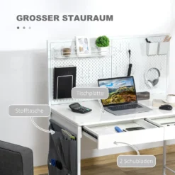 HOMCOM Computertisch Schreibtisch Mit 2 Schubladen Notizgitter Stofftasche Arbeitstisch Bürotisch Laptop Stahl Spanplatte Weiß+Grau 110 X 58,5 X 127 Cm -Homcom 63a0fd68de318aad5b2204dee5e403d2