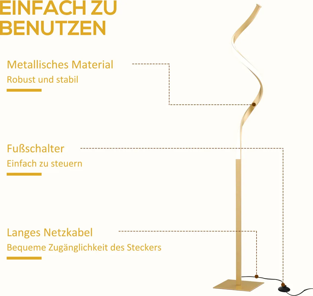 HOMCOM LED Stehleuchte, 10W Spirale Stehlampe, Standleuchte Mit Fußschalter, Wasserdichte Wohnzimmerlampe Mit Warmweißem Licht, Metall, Gold, 20,5 X 20,5 X 147 Cm 8 HOMCOM LED Stehleuchte, 10W Spirale Stehlampe, Standleuchte Mit Fußschalter, Wasserdichte Wohnzimmerlampe Mit Warmweißem Licht, Metall, Gold, 20,5 X 20,5 X 147 Cm – Bild 7