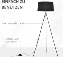 HOMCOM Stehlampe Tripod Schlafzimmer Standleuchte Stehleuchte 40 W Skandinavisch Stoff + Metall Schwarz ∅48 X 156 Cm -Homcom 63bf9aa503dfe43c0d45799d0b74a64a