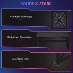 HOMCOM Computertisch Mit LED-Leuchten Monitorablage PC Tisch Gaming Tisch Mit Becherhalter E-Sport-Stil Bürotisch Mit Verstellbaren Füßen MDF Metall Schwarz 120 X 60 X 73 Cm -Homcom 63f75f9ae11abe45032f29c02256ab74