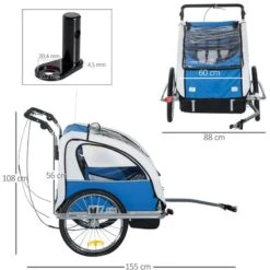 HOMCOM Kinderanhänger Fahrradanhänger Regenschutz Atmungsaktiv Blau+Weiß Stahlrohr Oxford 155 X 88 X 108 Cm -Homcom 64437072 3