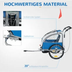 HOMCOM Kinderanhänger Fahrradanhänger Regenschutz Atmungsaktiv Blau+Weiß Stahlrohr Oxford 155 X 88 X 108 Cm -Homcom 64437072 4