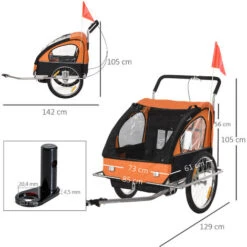 HOMCOM Kinderanhänger Fahrradanhänger Kinder Radanhänger Für 2 Kinder Mit Fahne Regenschutz Atmungsaktiv Schwarz+Orange Stahl 142 X 85 X 105 Cm -Homcom 64437076 3