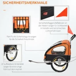 HOMCOM Kinderanhänger Fahrradanhänger Kinder Radanhänger Für 2 Kinder Mit Fahne Regenschutz Atmungsaktiv Schwarz+Orange Stahl 142 X 85 X 105 Cm -Homcom 64437076 5