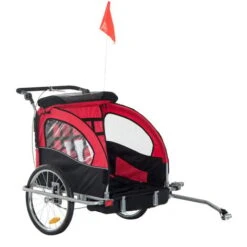HOMCOM Kinderanhänger Fahrradanhänger Regenschutz Atmungsaktiv Rot+Schwarz Stahlrohr Oxford 155 X 88 X 108 Cm