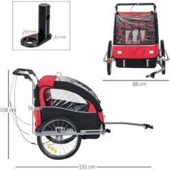 HOMCOM Kinderanhänger Fahrradanhänger Regenschutz Atmungsaktiv Rot+Schwarz Stahlrohr Oxford 155 X 88 X 108 Cm -Homcom 64437552 3