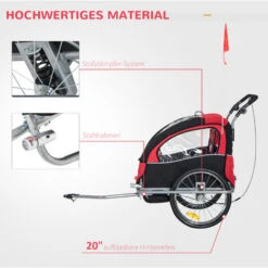 HOMCOM Kinderanhänger Fahrradanhänger Regenschutz Atmungsaktiv Rot+Schwarz Stahlrohr Oxford 155 X 88 X 108 Cm -Homcom 64437552 5