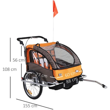 HOMCOM Kinderanhänger Fahrradanhänger Einklappbar Mit Universalkupplung 155 X 88 X 108cm Stahl Orange 4 HOMCOM Kinderanhänger Fahrradanhänger Einklappbar Mit Universalkupplung 155 X 88 X 108cm Stahl Orange – Bild 2