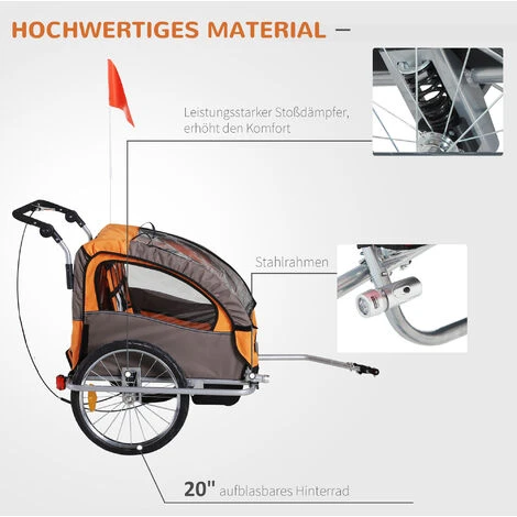 HOMCOM Kinderanhänger Fahrradanhänger Einklappbar Mit Universalkupplung 155 X 88 X 108cm Stahl Orange 7 HOMCOM Kinderanhänger Fahrradanhänger Einklappbar Mit Universalkupplung 155 X 88 X 108cm Stahl Orange – Bild 5