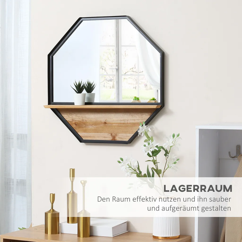 HOMCOM 61 X 61cm Achteck Wandspiegel Hängespiegel Wohnzimmerspiegel Mit Regal Industrie-Design Für Schlafzimmer Schwarz 7 HOMCOM 61 X 61cm Achteck Wandspiegel Hängespiegel Wohnzimmerspiegel Mit Regal Industrie-Design Für Schlafzimmer Schwarz – Bild 5