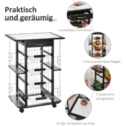 HOMCOM Servierwagen Auf Rollen, Küchenwagen Mit Arbeitsplatte Und Gewürzregal, Rollwagen, Küchentrolley, Kieferholz, Schwarz, 57 X 37 X 83 Cm -Homcom 650421e5f072b291037f6d76825e3e67