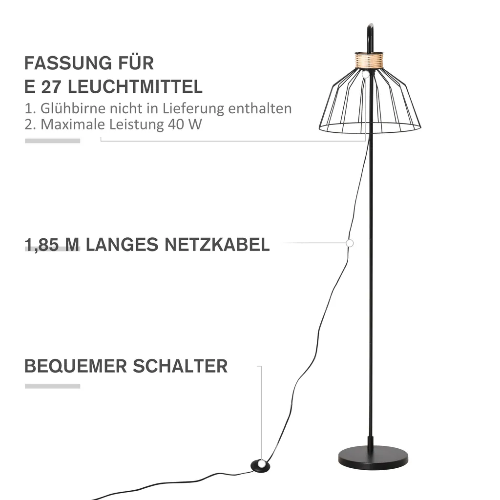 HOMCOM Stehlampe Standleuchte Retrodesign Vintage Standleuchte Sockel E27 Für Schlafzimmer Esszimmer 40W Retro Stehleuchte Metall Ratten Schwarz 44 X 34 X 154cm 6 HOMCOM Stehlampe Standleuchte Retrodesign Vintage Standleuchte Sockel E27 Für Schlafzimmer Esszimmer 40W Retro Stehleuchte Metall Ratten Schwarz 44 X 34 X 154cm – Bild 4