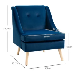 HOMCOM Esszimmerstuhl Loungesessel Mit Armlehne Akzentsessel Küchensessel Skandi-Design Bis 150 Kg Belastbar Für Wohnzimmer Schlafzimmer Bezug Aus Samt Blau 69 X 76 X 87,5 Cm -Homcom 654259535c4528bac779418b4ba51469