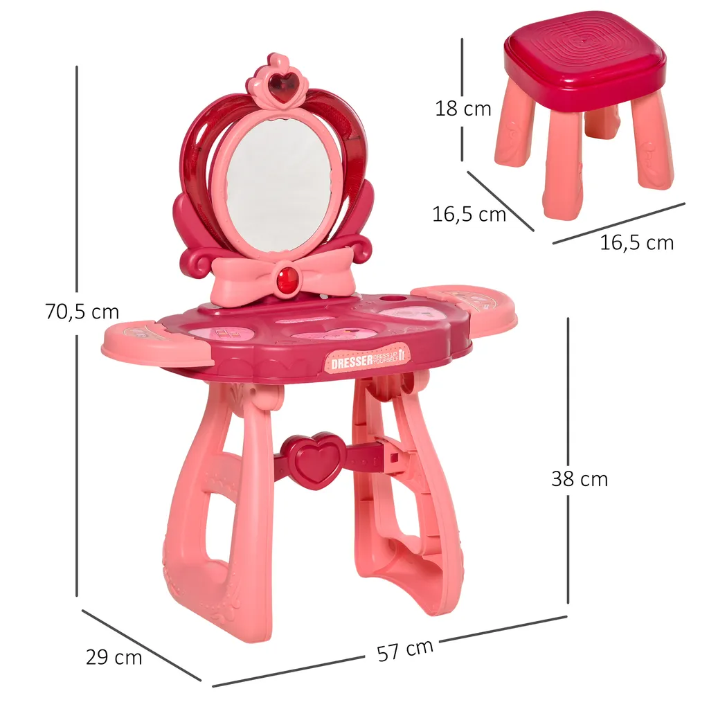 HOMCOM Kinderschminktisch Mit Spiegel Hocker Frisiertisch Mit Reichhaltigem Zubehör 5 Musikstücke Licht Für Mädchen Ab 3 Jahre Anti-rutsch Platzsparend Kunststoff Weinrot+Rosa 57 X 29 Cm X 70,5 Cm 8 HOMCOM Kinderschminktisch Mit Spiegel Hocker Frisiertisch Mit Reichhaltigem Zubehör 5 Musikstücke Licht Für Mädchen Ab 3 Jahre Anti-rutsch Platzsparend Kunststoff Weinrot+Rosa 57 X 29 Cm X 70,5 Cm – Bild 6