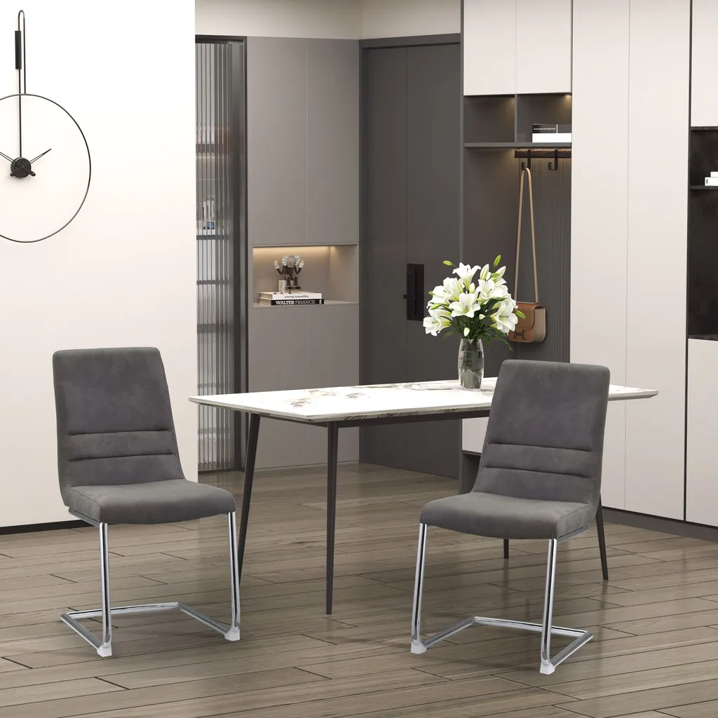 HOMCOM Esszimmerstuhl 2er Set Akzentstuhl Küchenstühle Polsterstuhl Wohnzimmerstuhl Aus Mikrofaser-Stoff Für Esszimmer Retrodesign Stahl Grau 42 X 64 X 90 Cm 4 HOMCOM Esszimmerstuhl 2er Set Akzentstuhl Küchenstühle Polsterstuhl Wohnzimmerstuhl Aus Mikrofaser-Stoff Für Esszimmer Retrodesign Stahl Grau 42 X 64 X 90 Cm – Bild 2