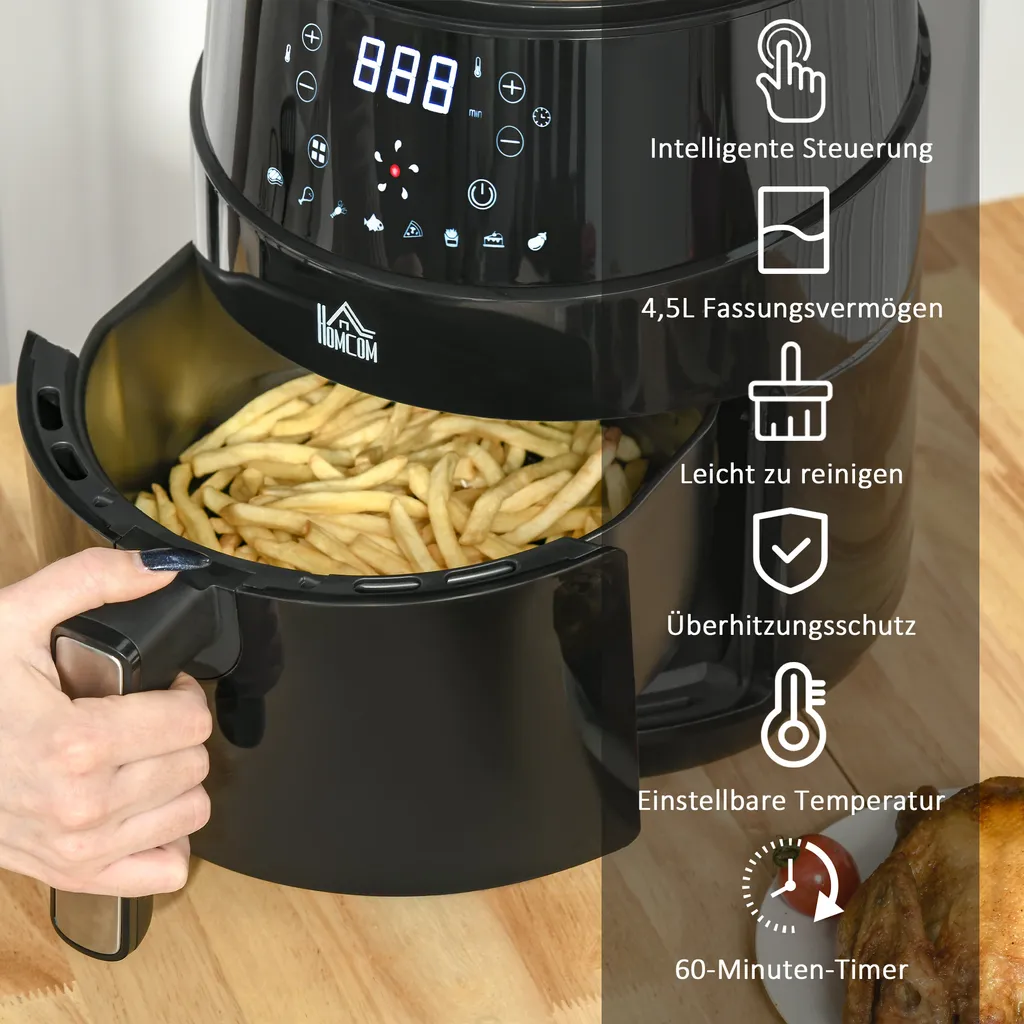 HOMCOM Heißluftfritteuse 4,5 L 1500W Mit 8 Menüs LED-Display Antihaftbeschichteter Fritterkorb Für Gesundes ölfreies Fettarmes Kochen Schwarz 28 X 35,1 X 33 Cm 6 HOMCOM Heißluftfritteuse 4,5 L 1500W Mit 8 Menüs LED-Display Antihaftbeschichteter Fritterkorb Für Gesundes ölfreies Fettarmes Kochen Schwarz 28 X 35,1 X 33 Cm – Bild 4