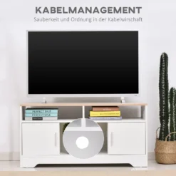 HOMCOM TV-Lowboard Fernsehschrank TV-Bank Mit 2 Schränken Und 3 Offenen TV-Kommode Bis Zu 50 Zoll Fernsehtisch Unterschrank Kabelführungsöffnung Spanplatte Weiß+Naturholz 105 X 40 X 52 Cm -Homcom 67f27571354609f69d9785c848e7cc9c