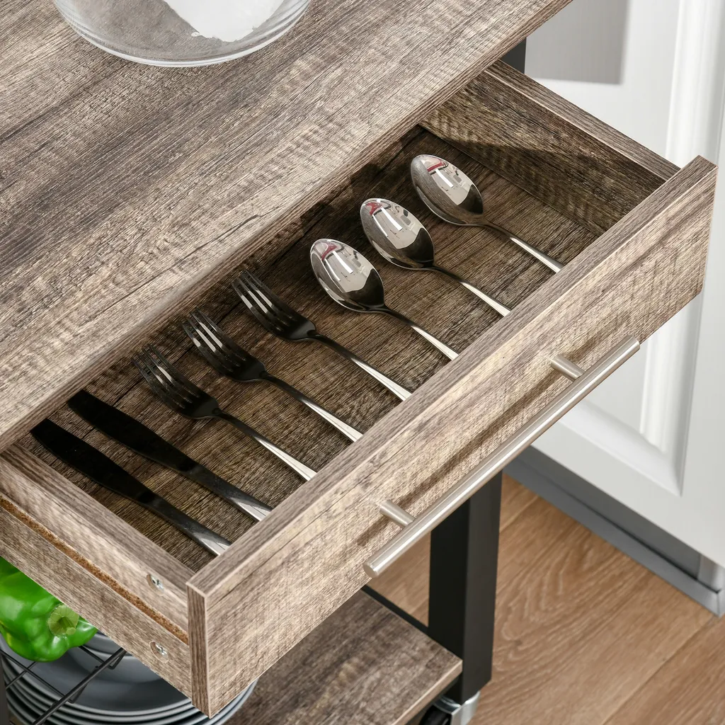 HOMCOM Küchenwagen Küchenrollwagen Servierwagen Mit Ablage Schublade Weinregal Spanplatte Metall Grau Eiche 60 X 50 X 84,5 Cm 10 HOMCOM Küchenwagen Küchenrollwagen Servierwagen Mit Ablage Schublade Weinregal Spanplatte Metall Grau Eiche 60 X 50 X 84,5 Cm – Bild 8