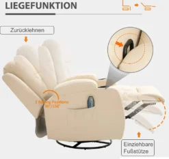 HOMCOM Massagesessel Fernsehsessel Relaxsessel TV Sessel Wärmefunktion Wippenfunktion Mit Fernbedienung Liegefunktion Cremeweiß 85 X 94 X 104 Cm -Homcom 694c8cfad63395b4f4e4b3c36774b675
