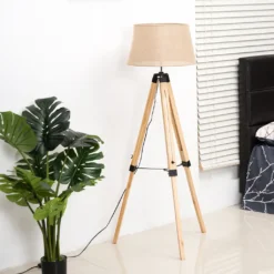 HOMCOM Stehlampe Stehleuchte Standleuchte Höhenverstellbar E27, Kiefer+Polyester, 65x65x99-143cm (Beige) -Homcom 6b796bd448cd089a3e4ef60fae14d761